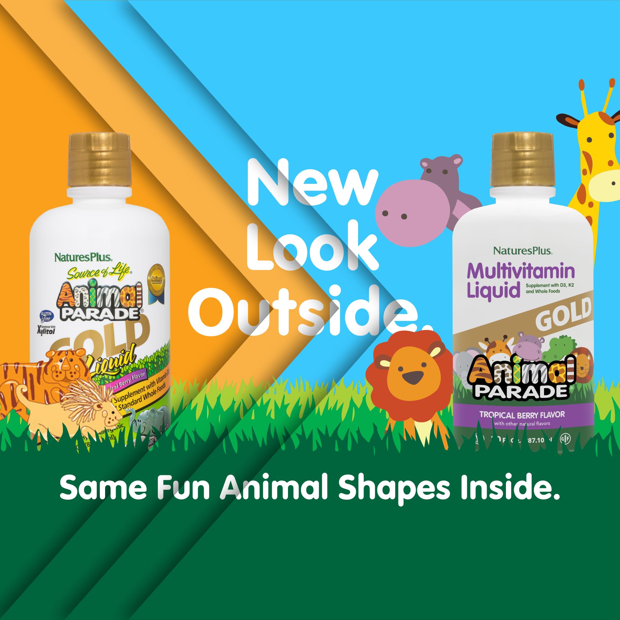 Close-up of tropical berry flavor and label on NaturesPlus Animal Parade Gold.