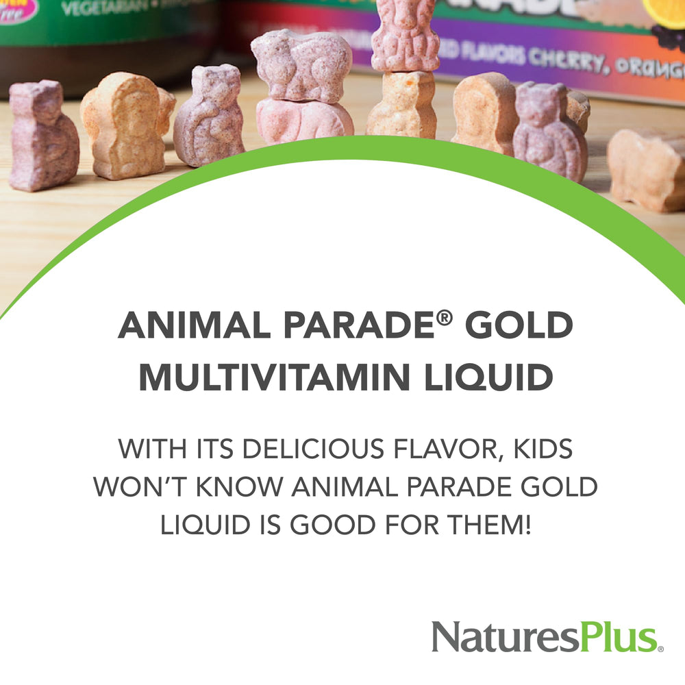 Two-pack display of NaturesPlus Animal Parade Gold multivitamin bottles.