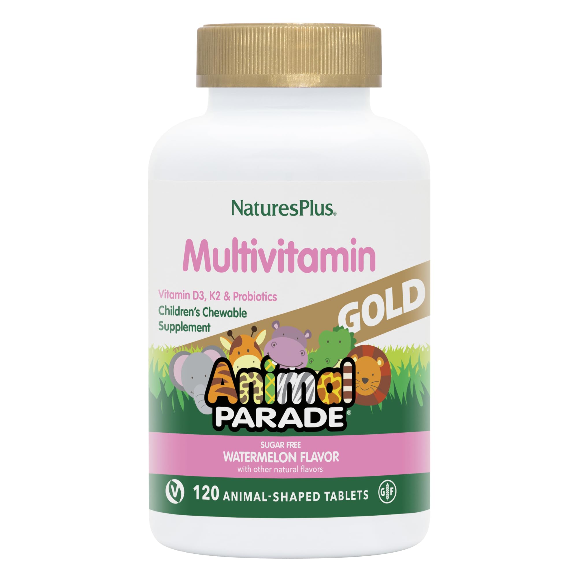 NaturesPlus Animal Parade Gold watermelon-flavored chewables for kids, enjoyable daily vitamin intake.