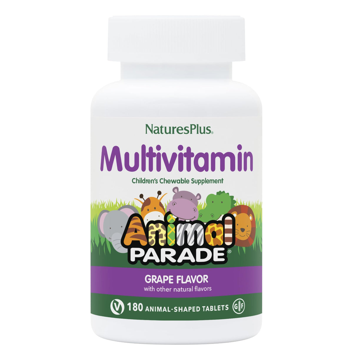 NaturesPlus Animal Parade grape-flavored tablets in a kid-friendly bottle.
