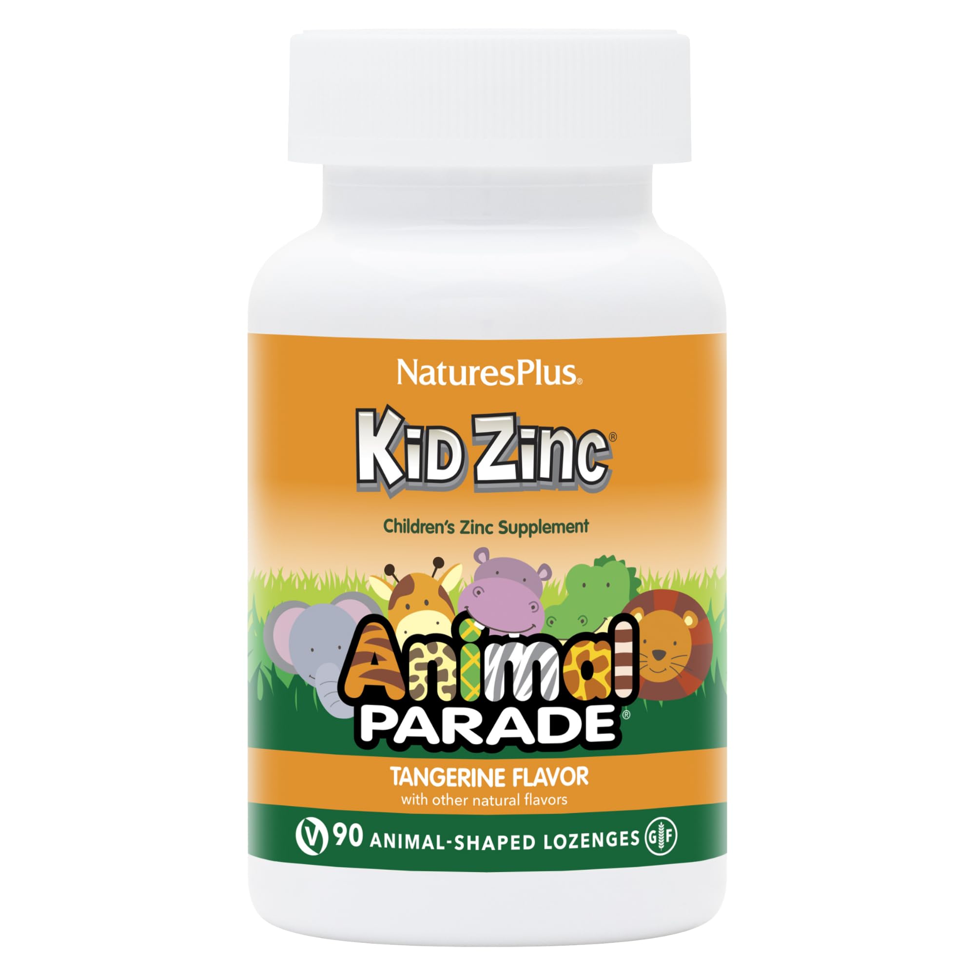 NaturesPlus KidZinc bottle with tangy tangerine flavor, kid-friendly packaging.