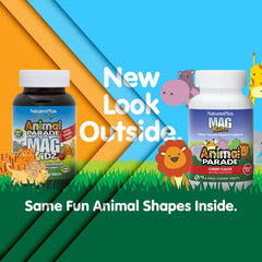 NaturesPlus Animal Parade MagKidz animal-shaped tablets shown in playful form for kids