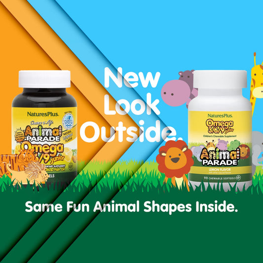 NaturesPlus Animal Parade Omega-3/6/9 Junior bottle front, kid-friendly daily supplement with lemon flavor.