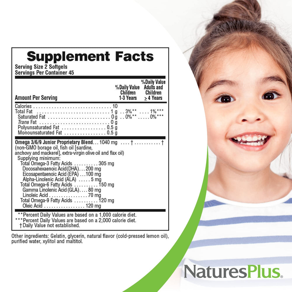 NaturesPlus Animal Parade Omega-3/6/9 Junior gluten-free, non-GMO ingredients in kid-friendly softgels.