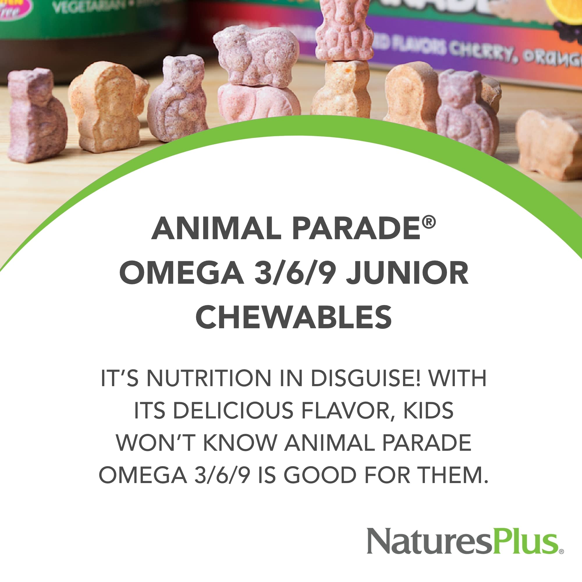 NaturesPlus Animal Parade Omega-3/6/9 Junior kids enjoying lemon flavor, easy daily omega source.