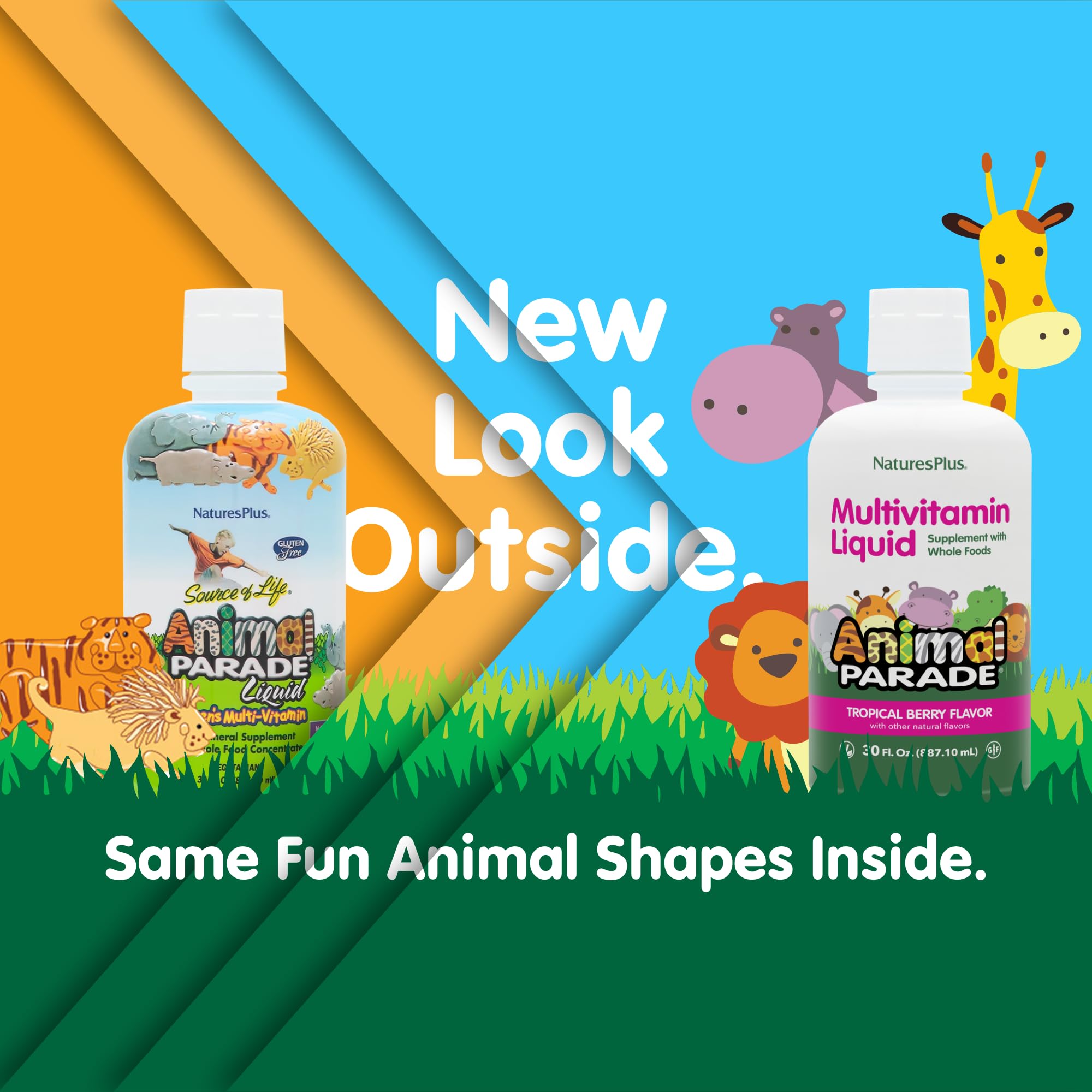 Close up of NaturesPlus Animal Parade tropical berry flavor label to highlight taste appeal