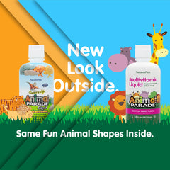 Close up of NaturesPlus Animal Parade tropical berry flavor label to highlight taste appeal