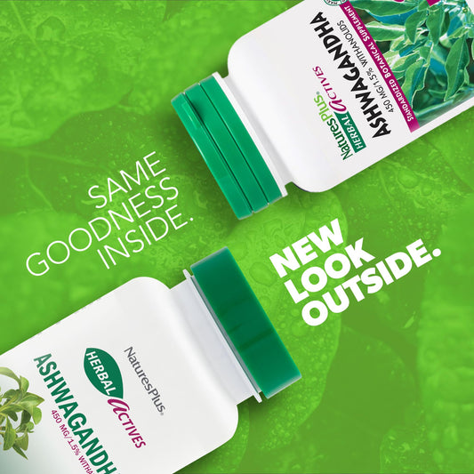 NaturesPlus Ashwagandha bottle back label detailing ingredients and quality