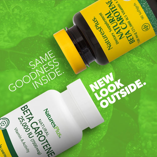 NaturesPlus beta carotene softgels close-up highlighting easy to swallow capsules.