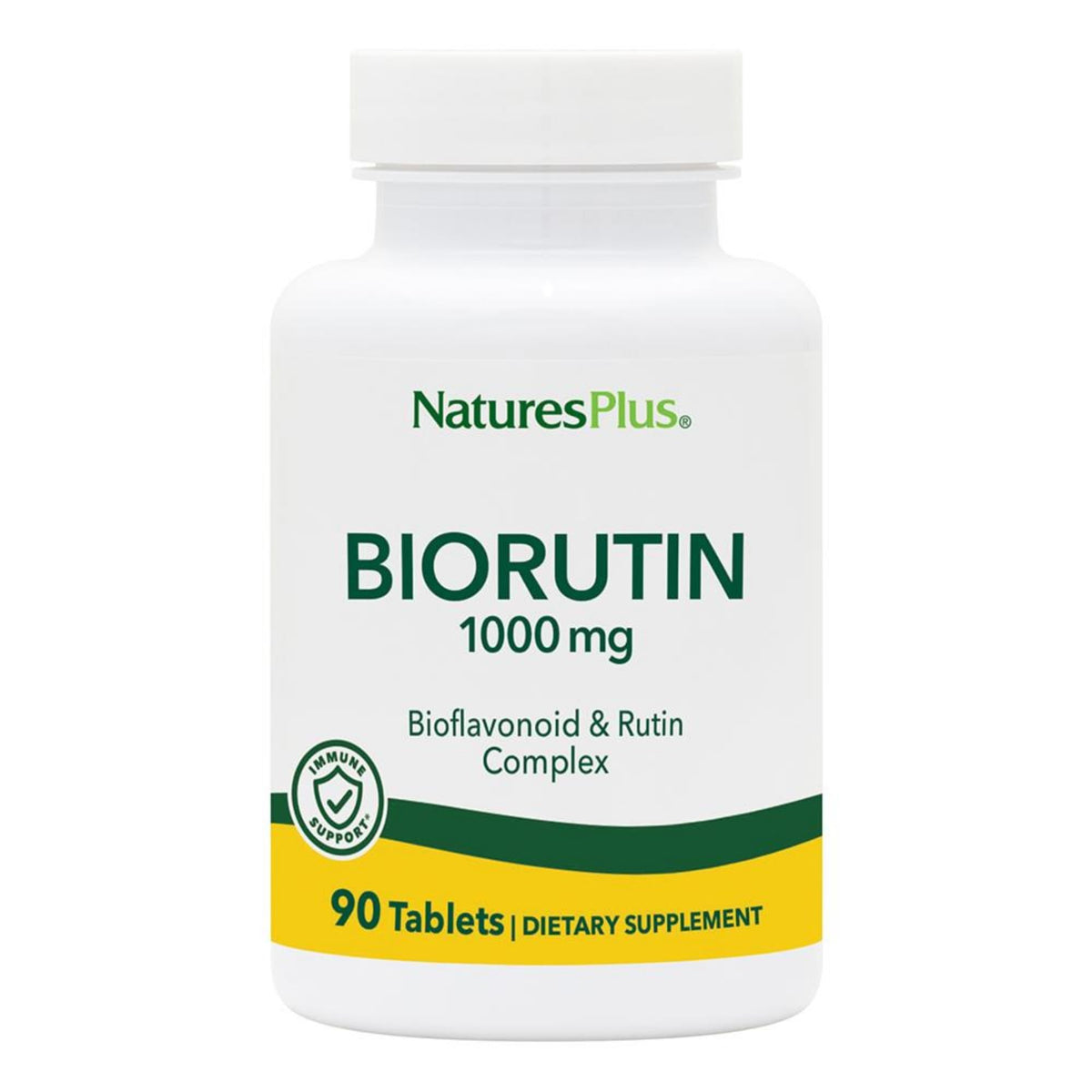 NaturesPlus Biorutin bottle-front view highlights 90-tablet supply for vascular support.