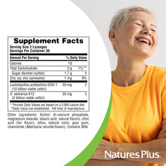 Bottle close-up of NaturesPlus ENT lozenges emphasizing gluten-free and zinc-containing formula.