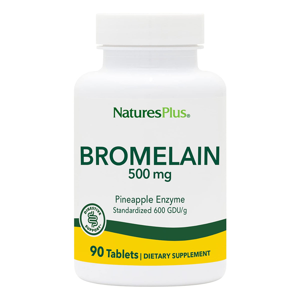 NaturesPlus Bromelain 500 mg bottle with gluten-free, vegetarian tablets.