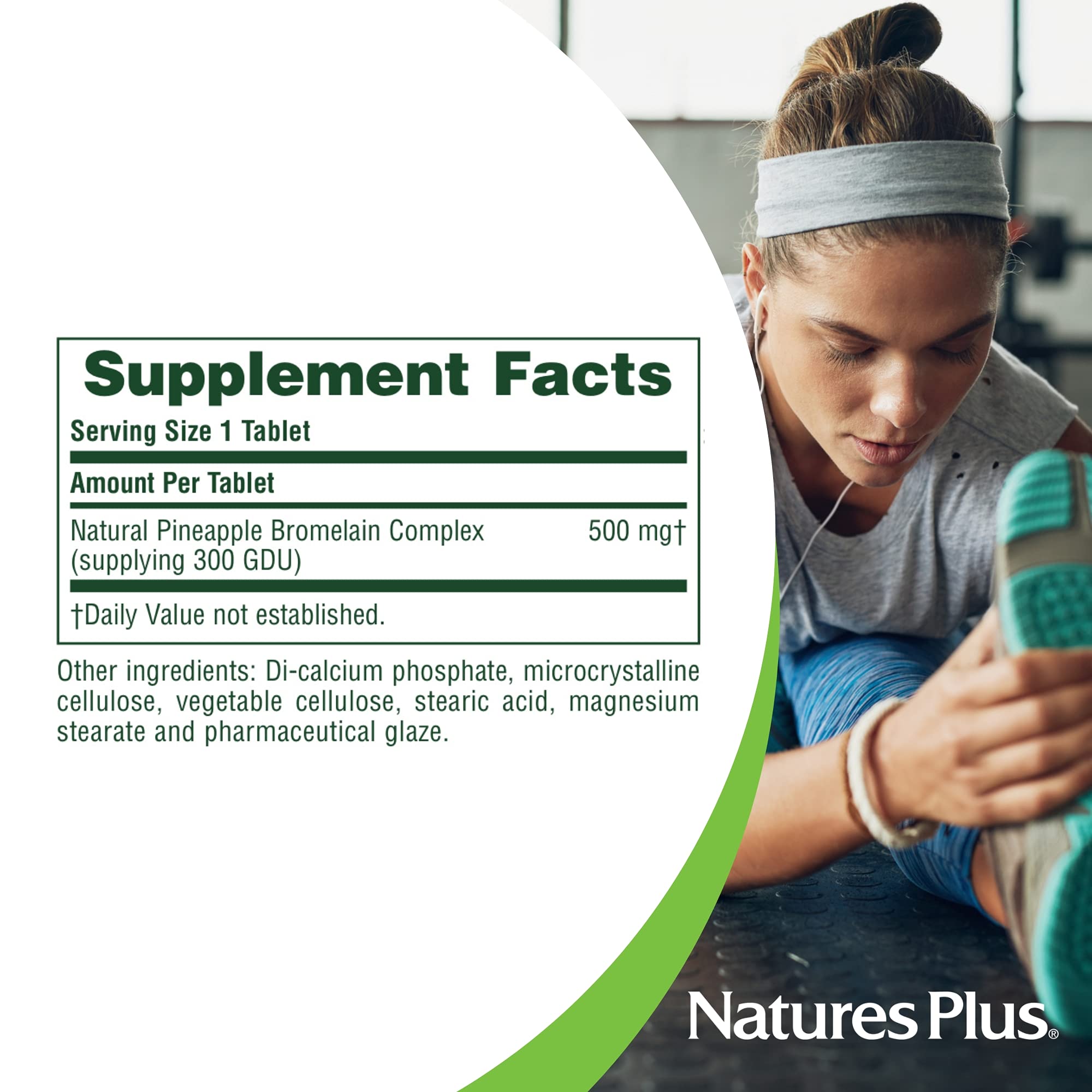 NaturesPlus Bromelain label close-up showing 500 mg strength and enzyme support.