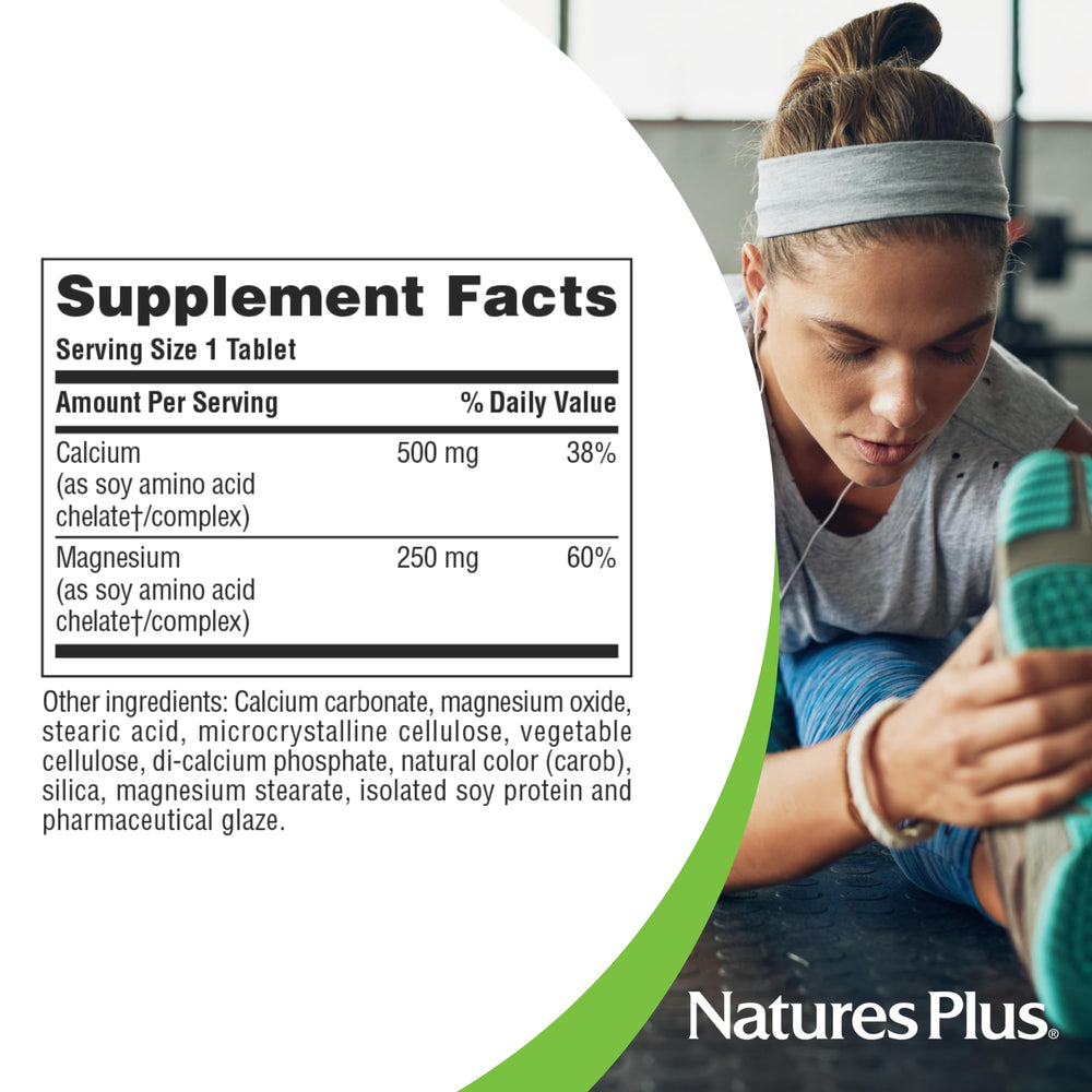NaturesPlus Cal/Mag bottle in hand showcasing convenient on-the-go wellness.