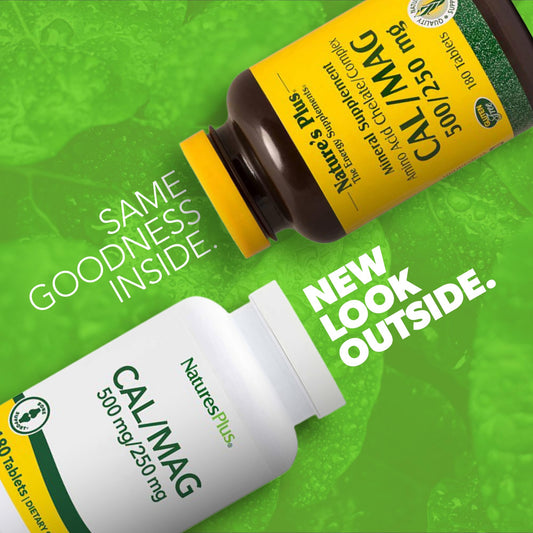NaturesPlus Cal/Mag label back view highlights calcium and magnesium content.