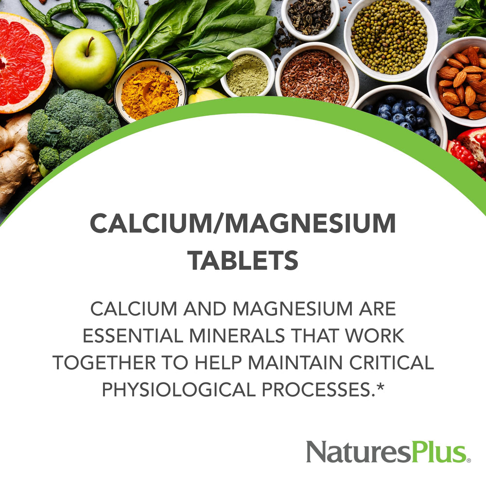 NaturesPlus Cal/Mag tablets close-up showing balanced mineral blend for daily wellness.
