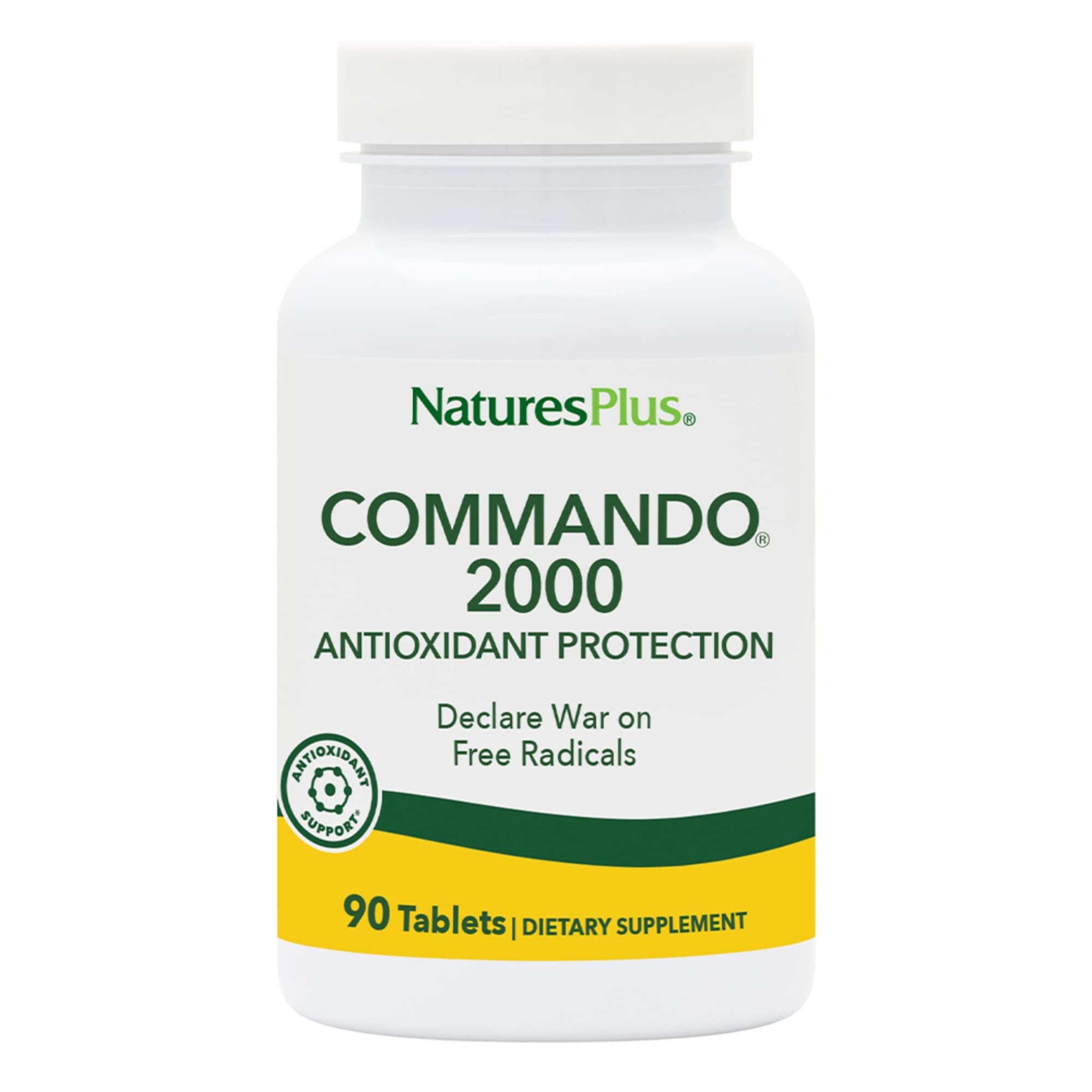 NaturesPlus Commando 2000 bottle shows antioxidant formula for daily resilience