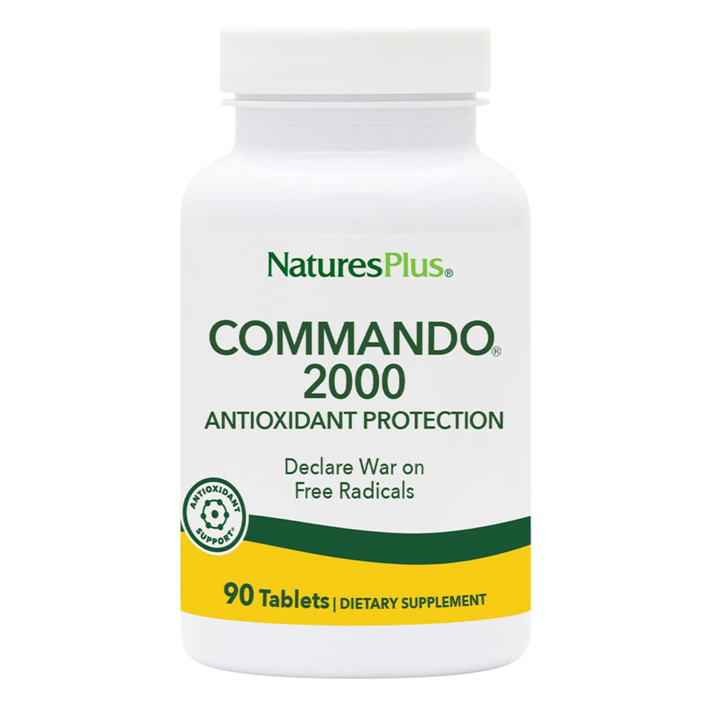 NaturesPlus Commando 2000 bottle shows antioxidant formula for daily resilience