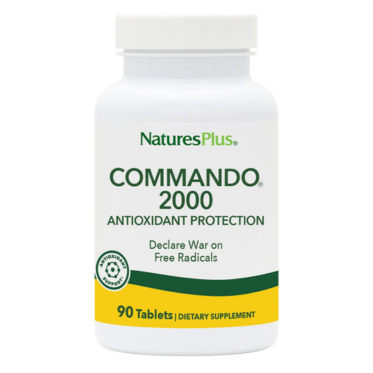 NaturesPlus Commando 2000 bottle shows antioxidant formula for daily resilience