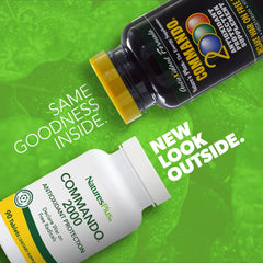 Close-up of Commando 2000 capsules highlighting vegetarian tablets and easy daily dosing
