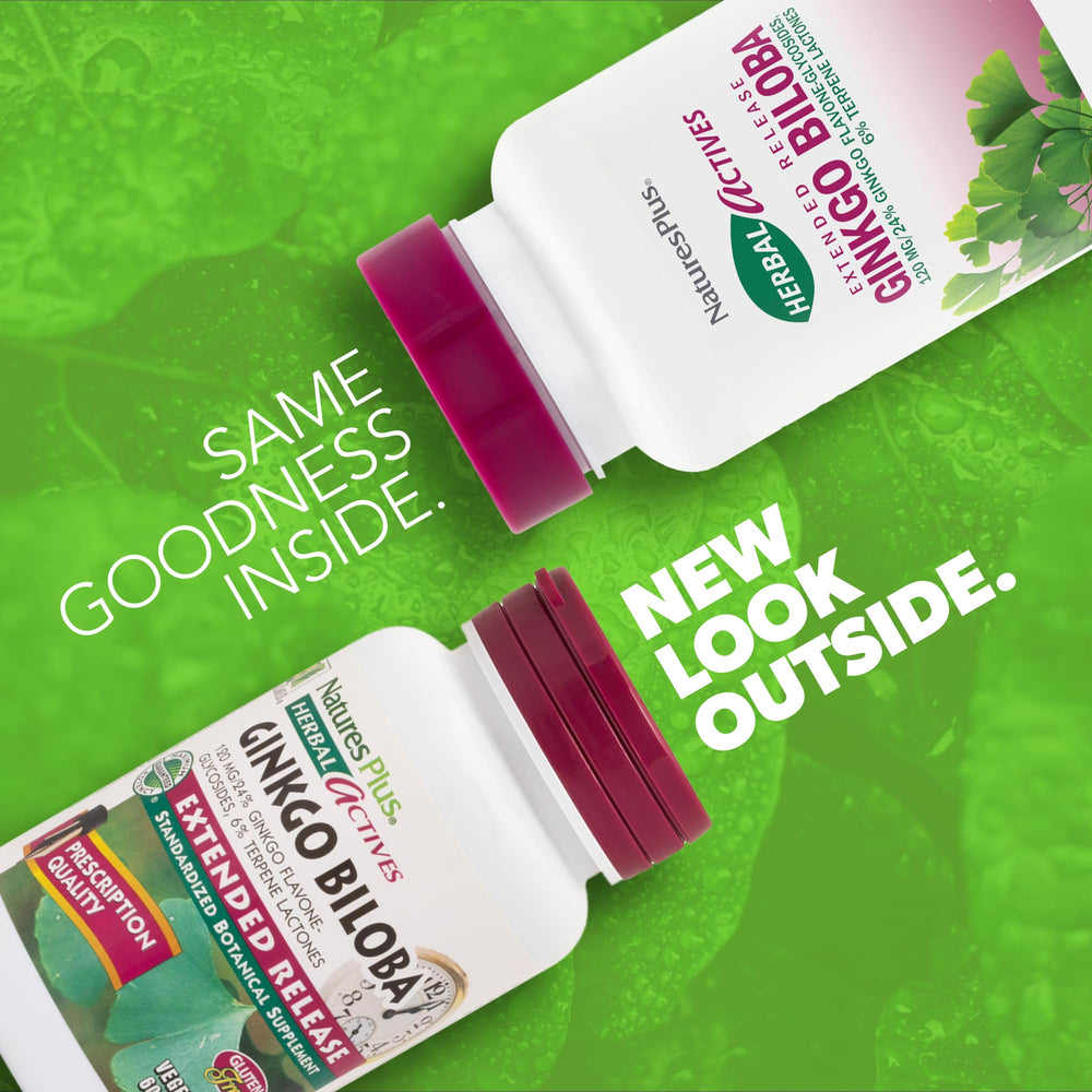 NaturesPlus extended-release Ginkgo Biloba tablet close-up showing texture.