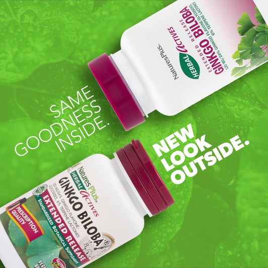 NaturesPlus extended-release Ginkgo Biloba tablet close-up showing texture.