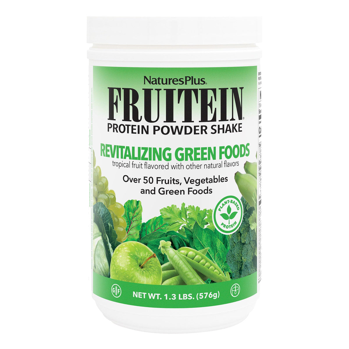 NaturesPlus FRUITEIN bottle front showing plant-based protein for daily energy.