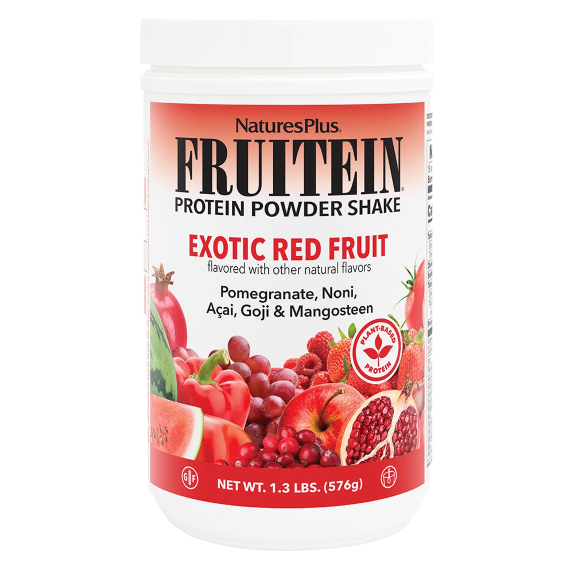 NaturesPlus FRUITEIN exotic red fruit shake bottle showcases plant-based protein on the go