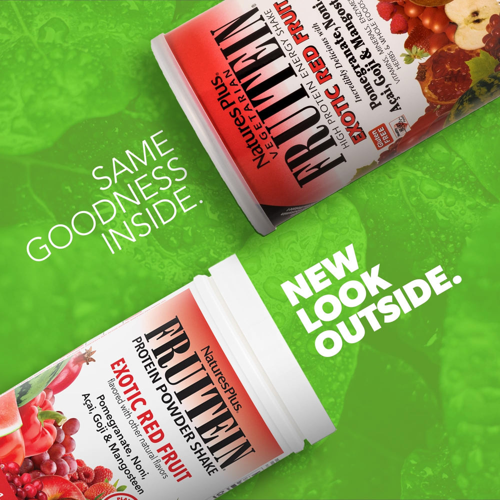 FRUITEIN exotic red fruit shake being poured emphasizes a smooth, protein-rich beverage