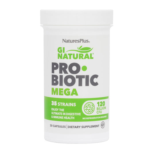 NaturesPlus GI Natural Probiotic Mega bottle showing 60 capsules for daily digestive balance.