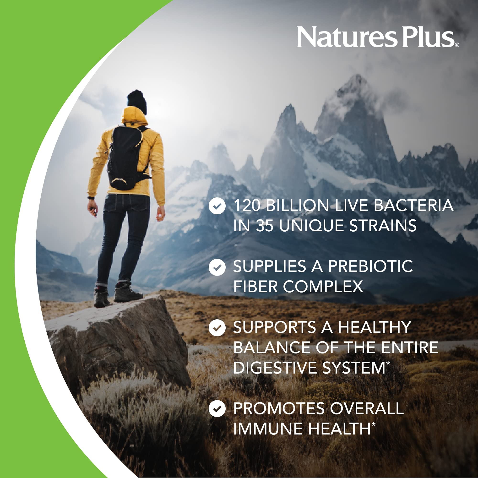 NaturesPlus GI Natural Probiotic Mega label highlights potency and multi-strain formula.