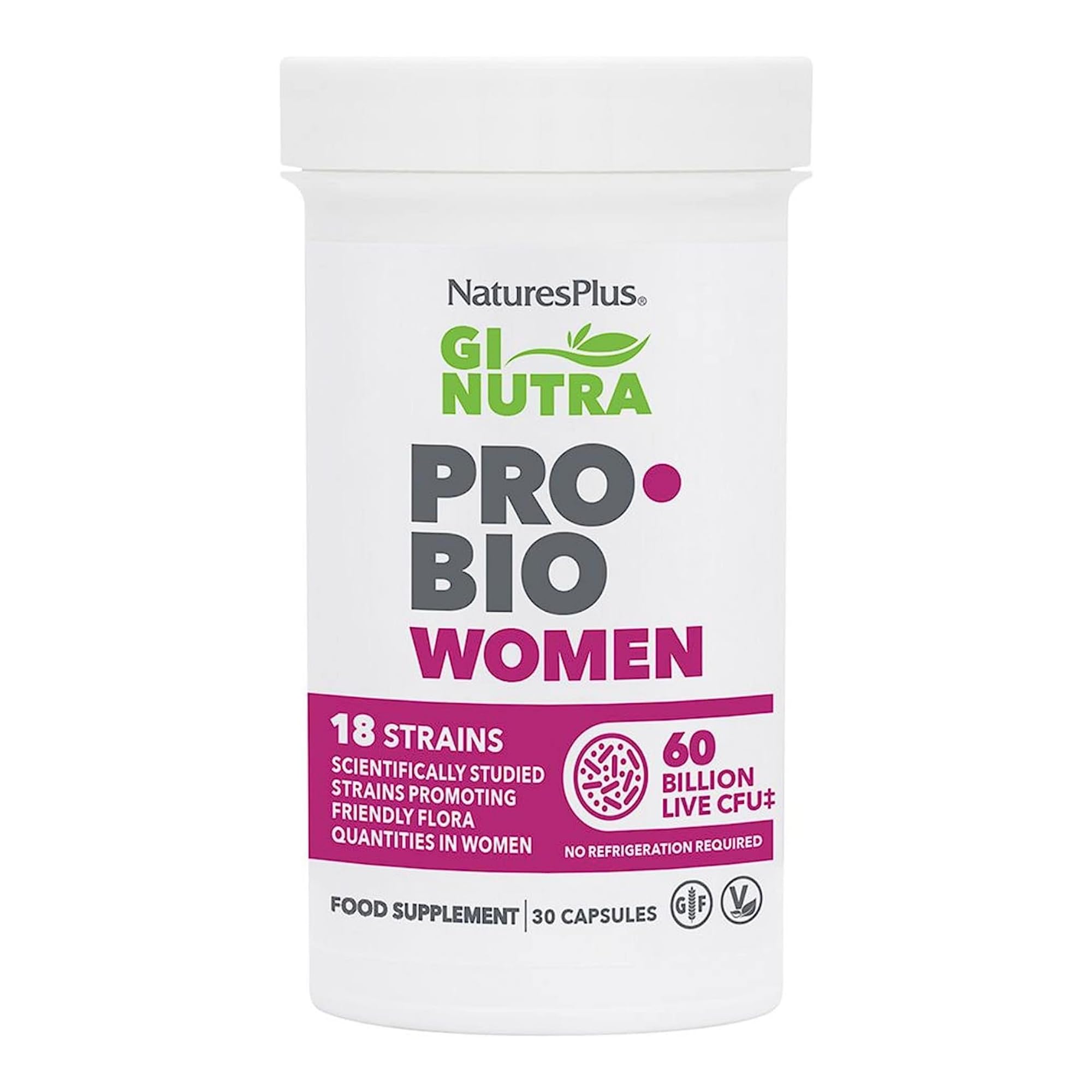 NaturesPlus GI Natural Probiotic Women bottle promotes digestive balance and immune support.