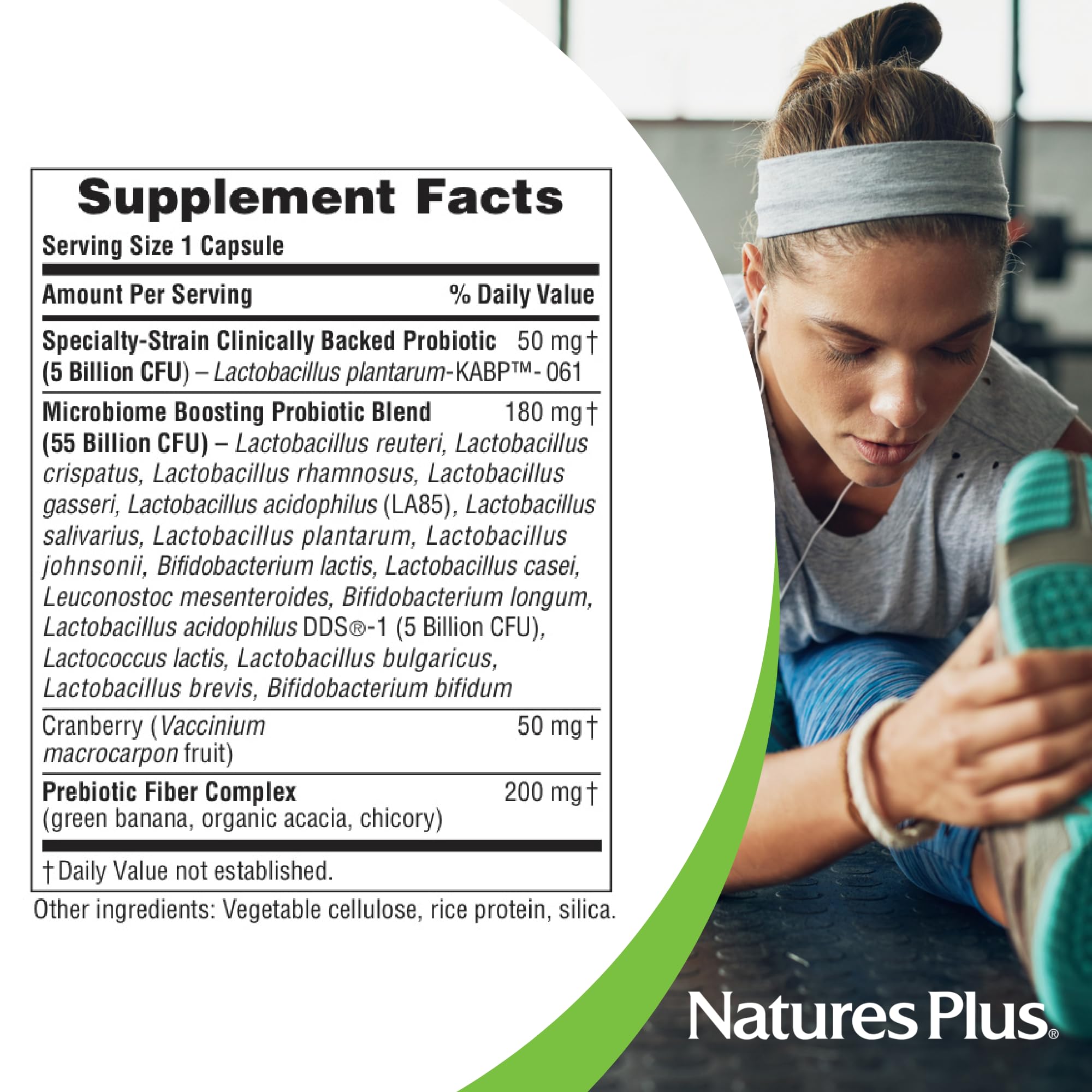 NaturesPlus GI Natural Probiotic Women label highlights cranberry for urinary health.
