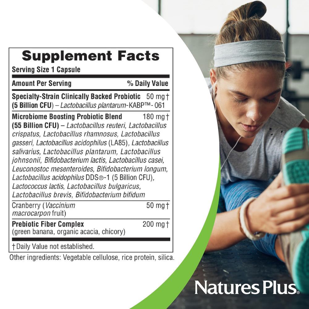 NaturesPlus GI Natural Probiotic Women label highlights cranberry for urinary health.