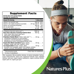NaturesPlus GI Natural ingredients panel shows prebiotics, enzymes, and L-glutamine