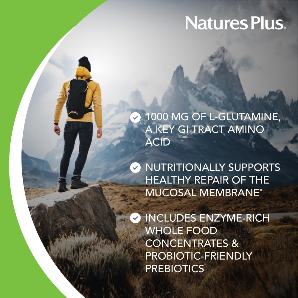 NaturesPlus GI Natural tablets highlighting dual-layer design and probiotic blend