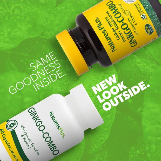 Nature's Plus Ginkgo-Combo bottle label highlights allergen-free vegetarian capsules