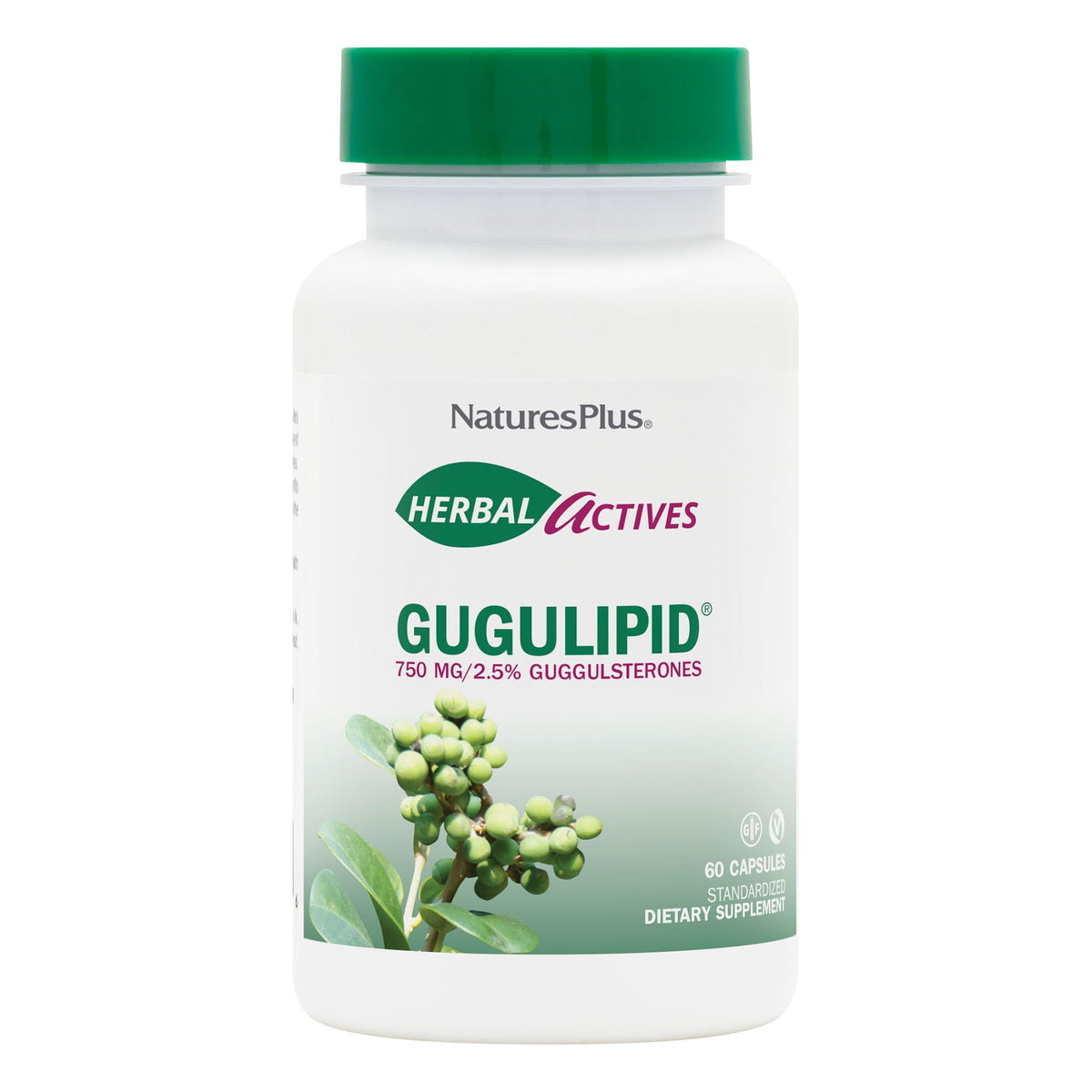 NaturesPlus Gugulipid bottle shows 750 mg formula for cholesterol support.