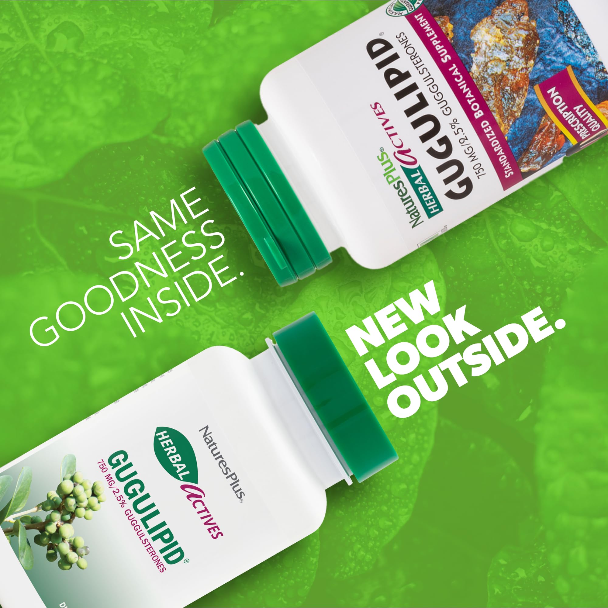 Closeup of NaturesPlus Gugulipid capsules highlighting vegan, gluten-free formula.