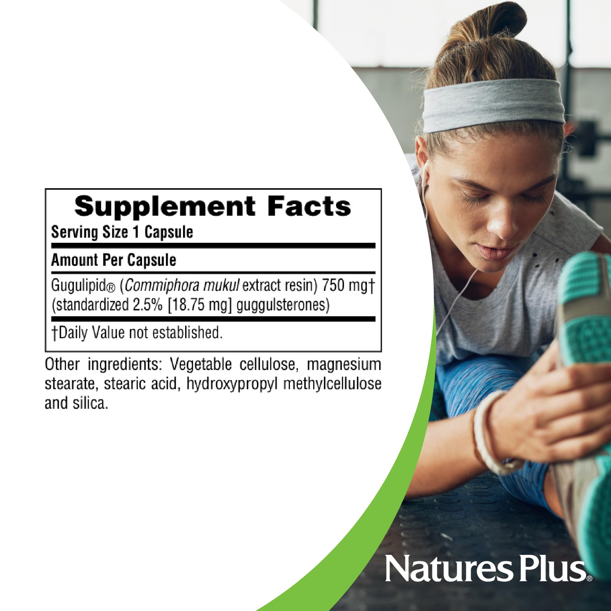 Gugulipid packaging on shelf conveys vegan and gluten-free labeling.