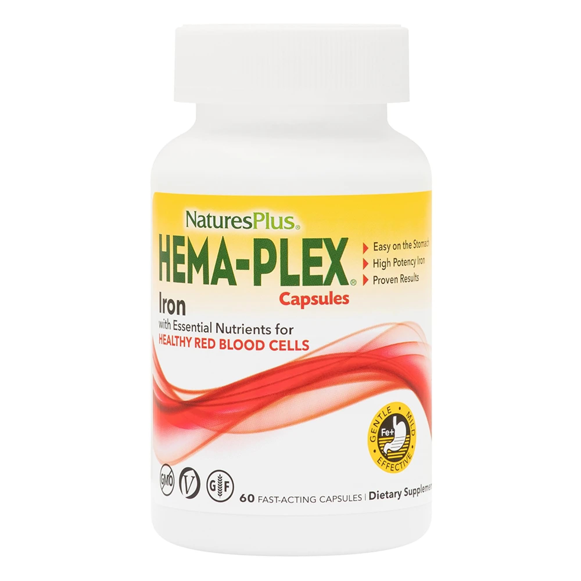 NaturesPlus Hema-Plex Iron bottle showing fast-acting capsules for daily iron support.