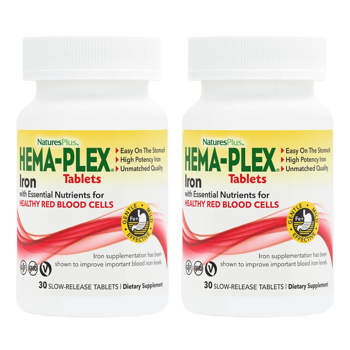 NaturesPlus Hema-Plex Iron bottle with slow-release tablets for steady iron support.