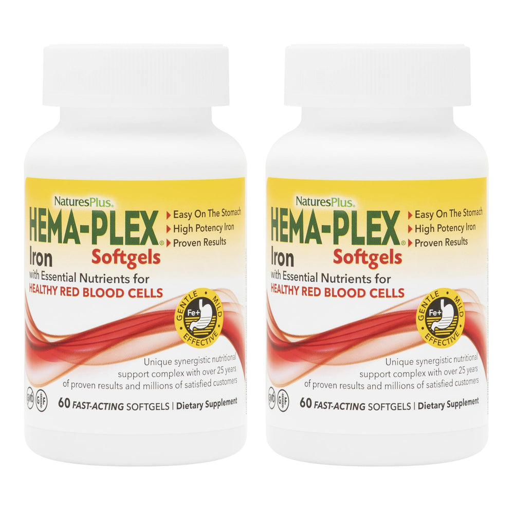 NaturesPlus Hema-Plex Iron softgel bottle front showing the high-potency formula.