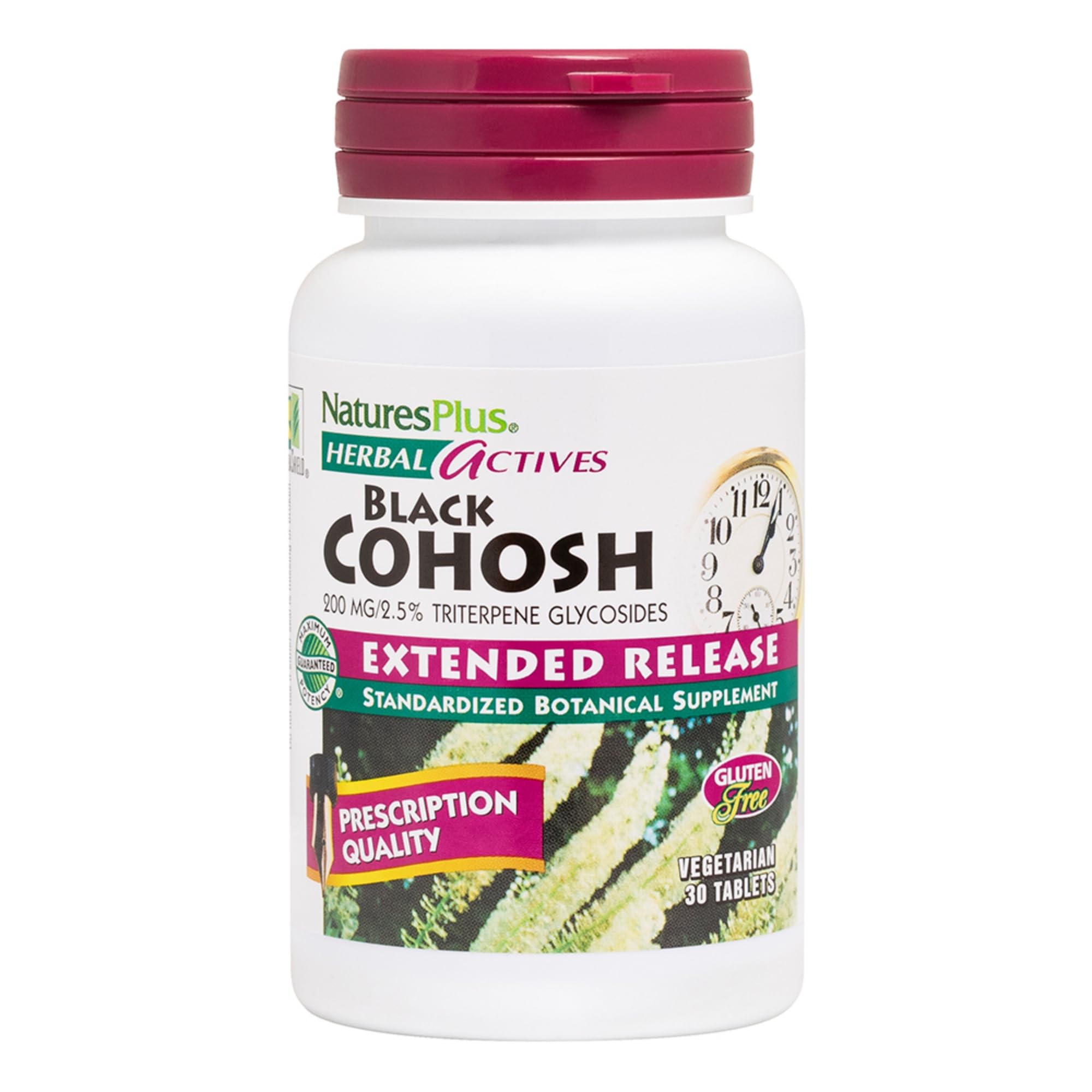 NaturesPlus Herbal Actives Black Cohosh bottle showing 200 mg per serving and sustained-release formula.