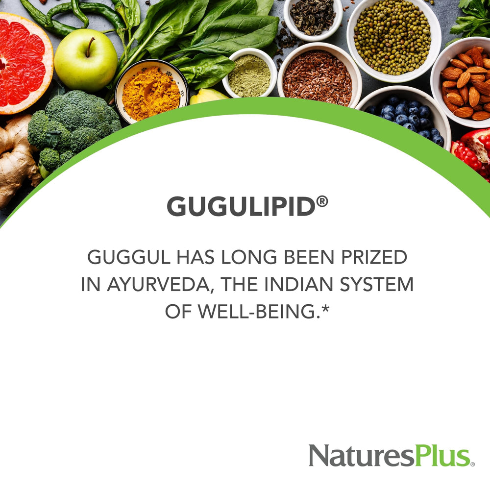 NaturesPlus Gugulipid tablets close-up highlighting extended-release design