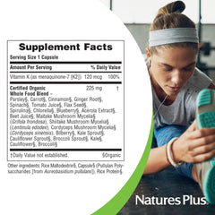 NaturesPlus K2 capsules closeup showing tiny, easy-to-swallow pills.