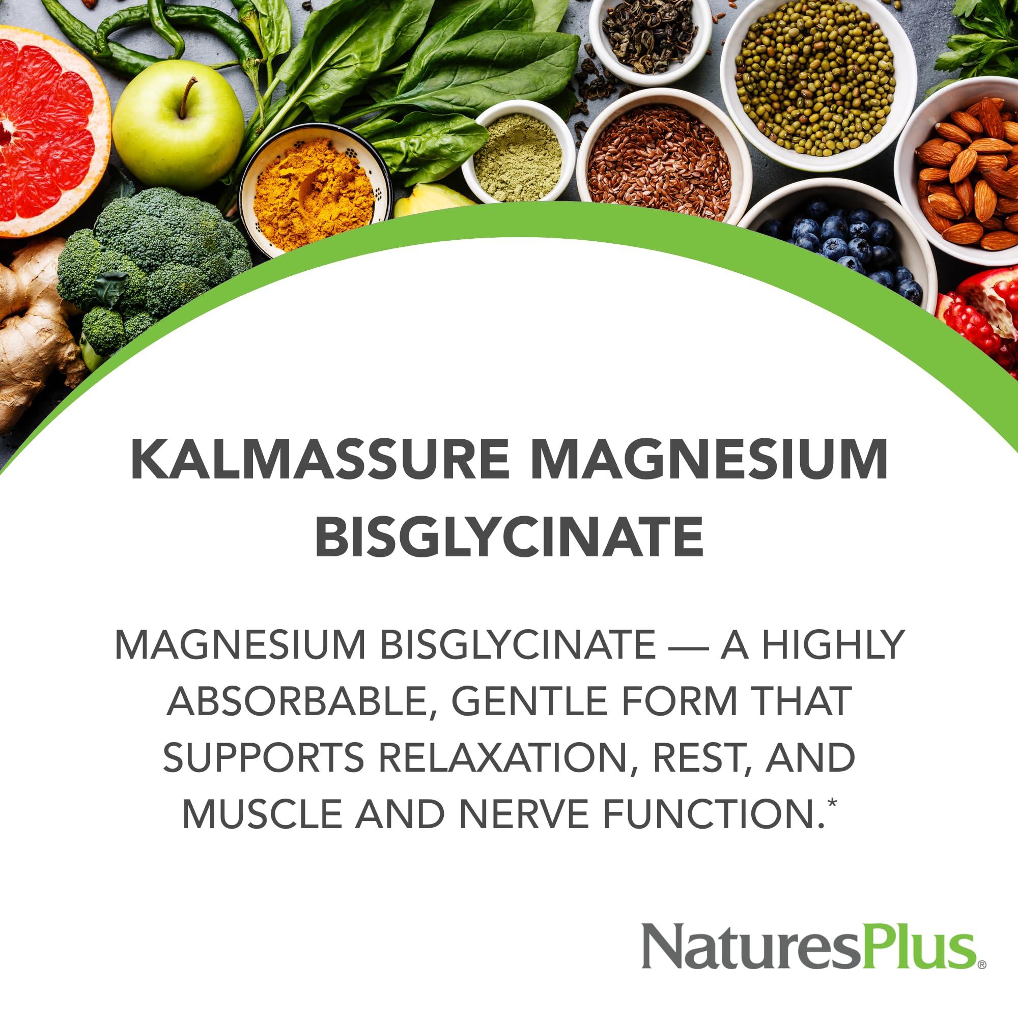 NaturesPlus KalmAssure 180 capsules closeup emphasizing daily rest and relaxation potential