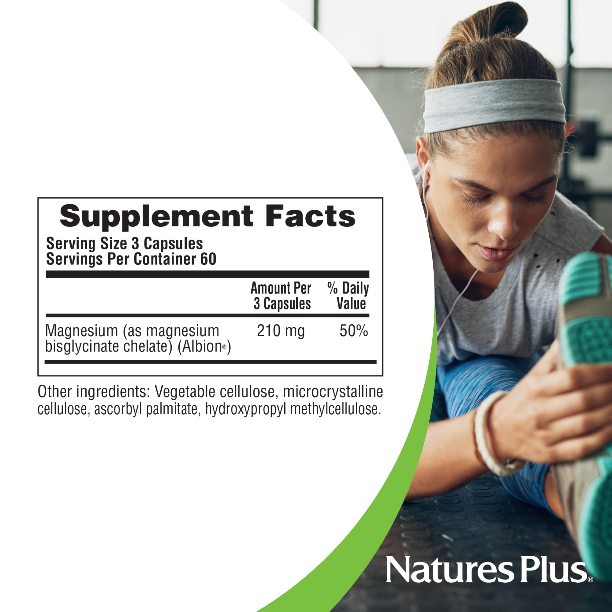 NaturesPlus KalmAssure icons show vegan, gluten-free, sugar-free benefits