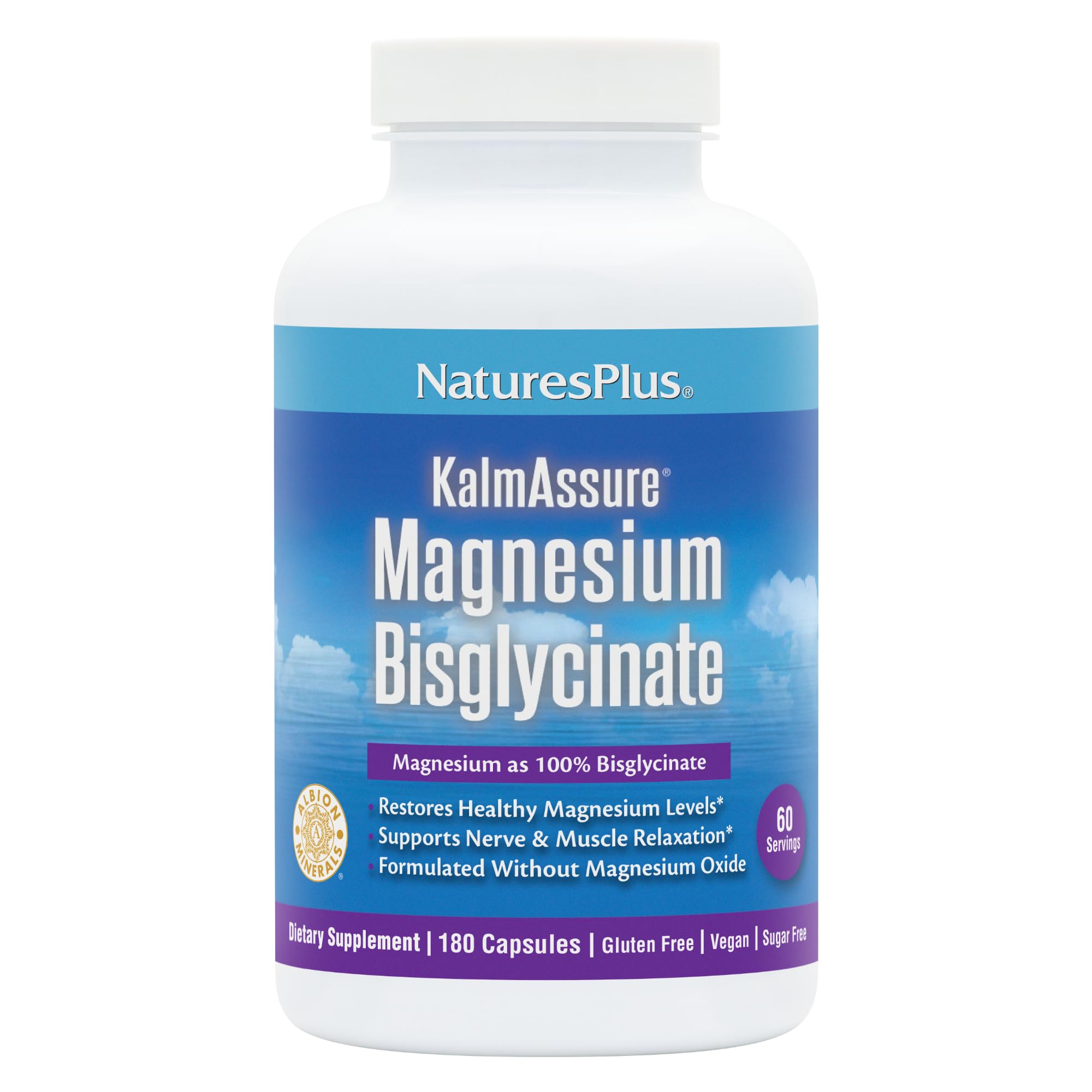 NaturesPlus KalmAssure bottle front highlighting vegan magnesium for restful support