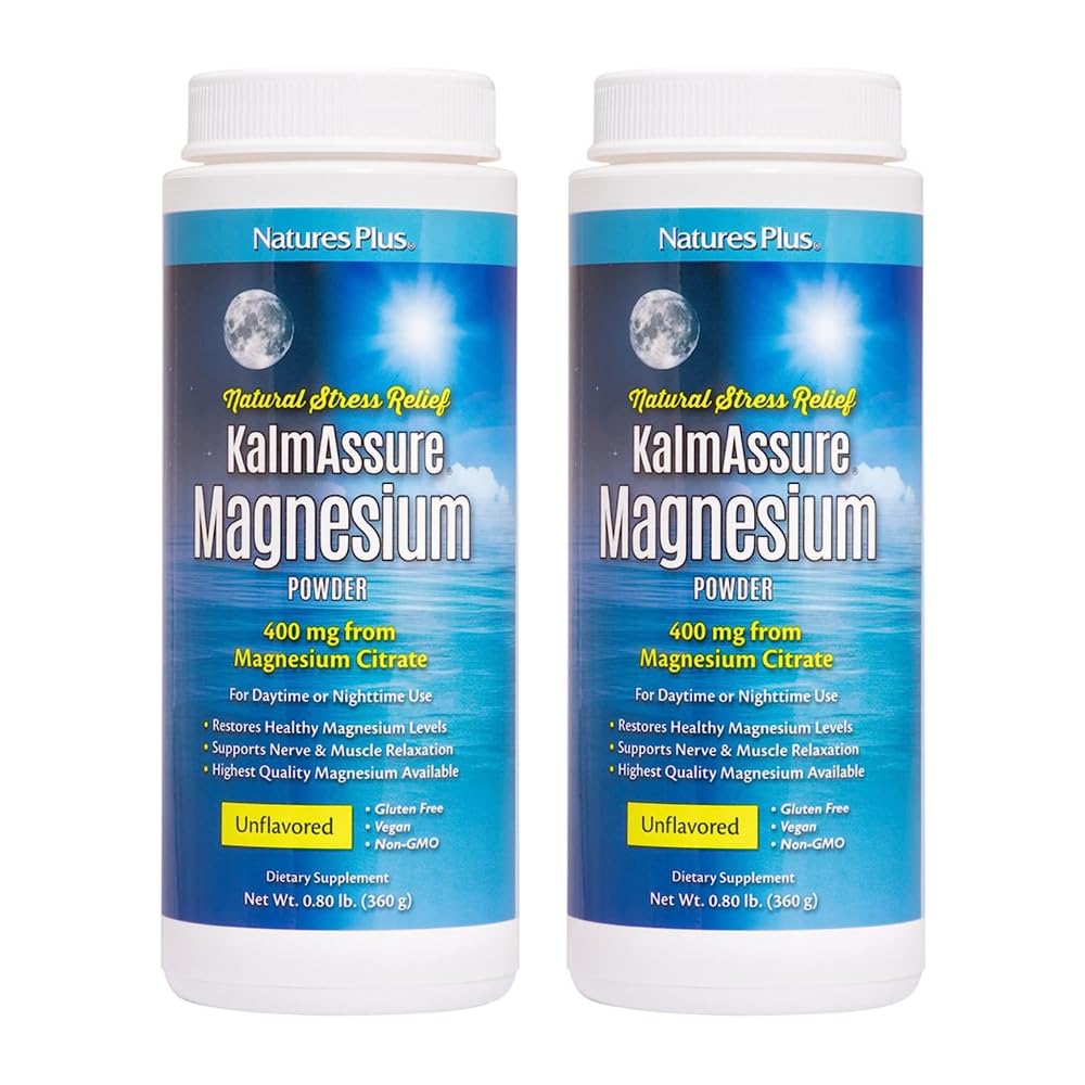 NaturesPlus KalmAssure magnesium powder unflavored tub with scoop for easy daily calm